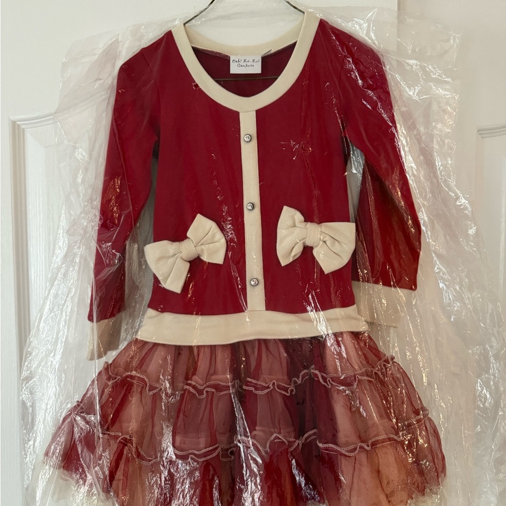 Ooh! La, La! Couture Red and Cream Christmas sweater dress with tutu.